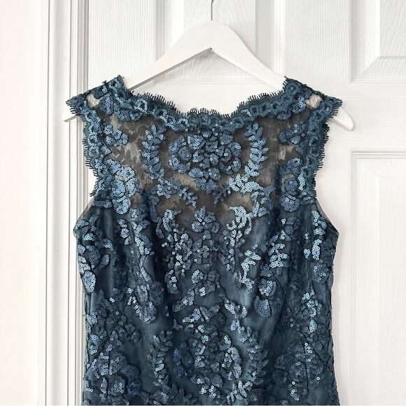 Tadashi Shoji Teal Sequin Illusion Sheath Knee Length Pailette Cocktail Dress 8 - Picture 3 of 13